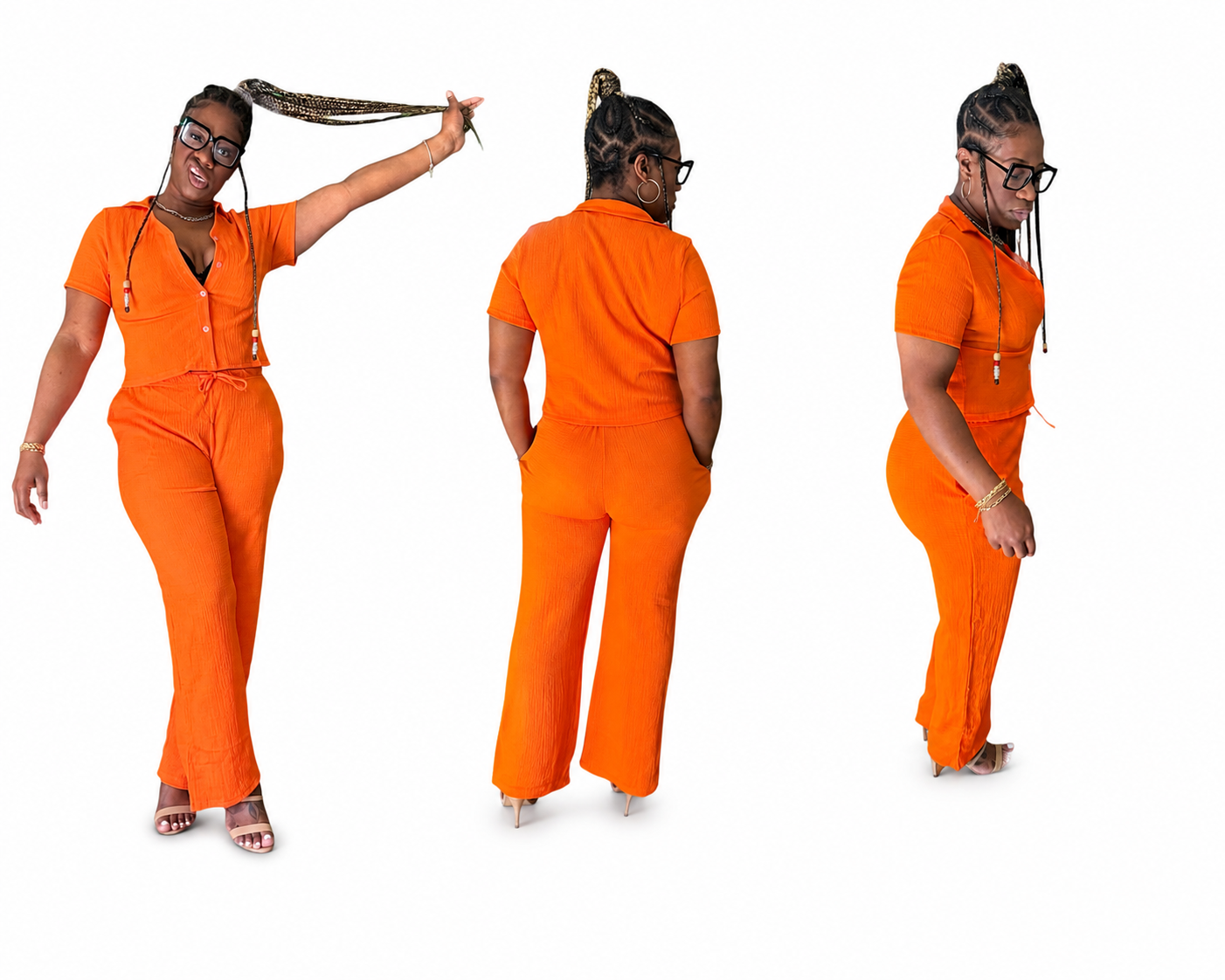 Casual Pleated V-Neck Short Sleeve Loose 2 piece pant set